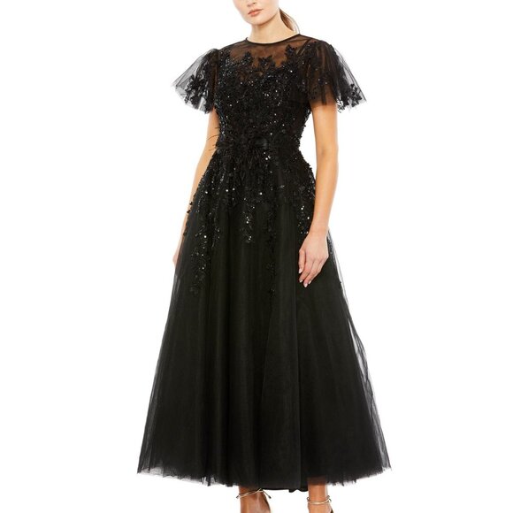 NEW Mac Duggal 20362 Embellished Flutter Sleeve‎ Tea Length Dress Black - Picture 5 of 12